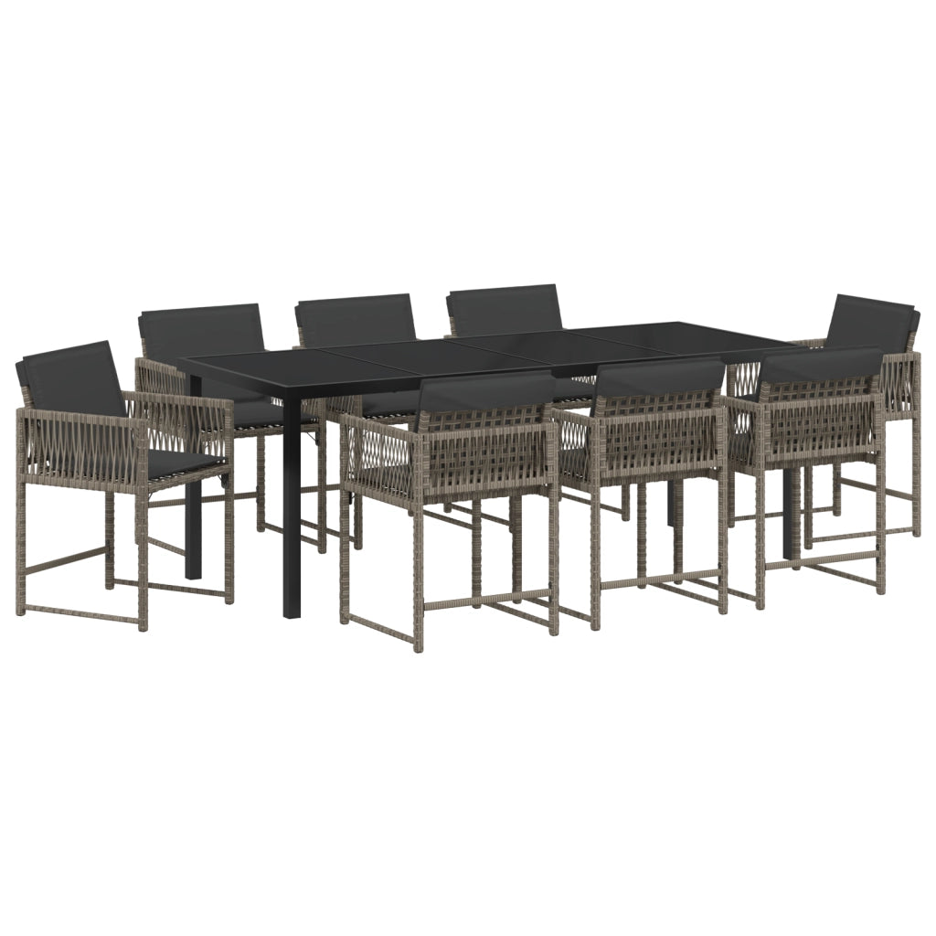 Set da Pranzo da Giardino 9 Pezzi con Cuscini Grigi in Rattan