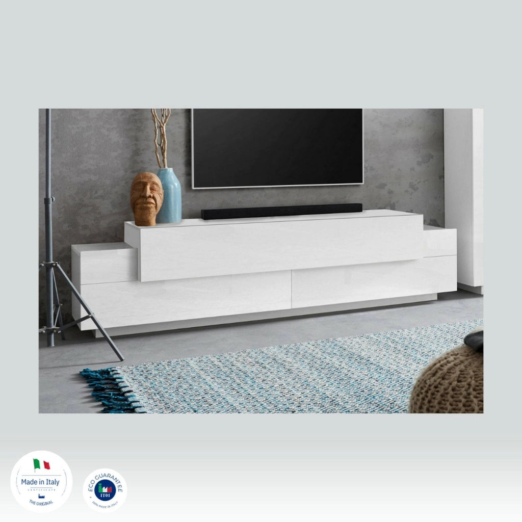Mobile porta TV Arold, Credenza bassa da soggiorno, Base porta TV, 100% Made in Italy, cm 200x45h52, Bianco lucido