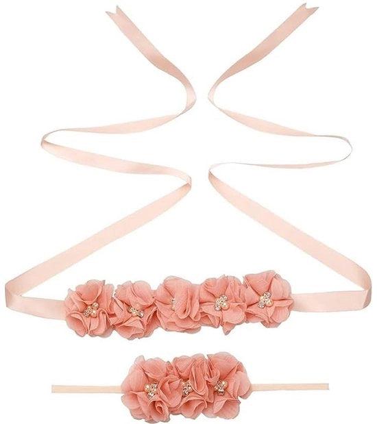 Set di cinture floreali - Cintura da sposa con perle/strass - Filo di seta - Cintura da vita 180 cm - Cintura per capelli elastica 28-60 cm - Rosa chiaro/rosa scuro/blu marino/rosa vino - Gioielli da sposa