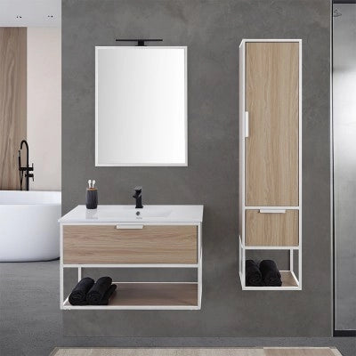 Colonna bagno sospesa H 150 cm stile industrial bianco e legno Baketo