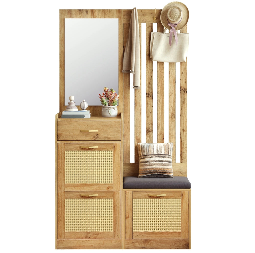 Garderoba da ingresso 99.5x26x180 cm con specchio; pannelli portascarpe ribaltabili e panca imbottita; MDF; naturale