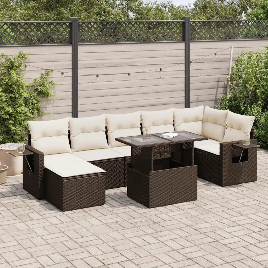 Set Divani da Giardino 8 pz con Cuscini Marrone in Polyrattan