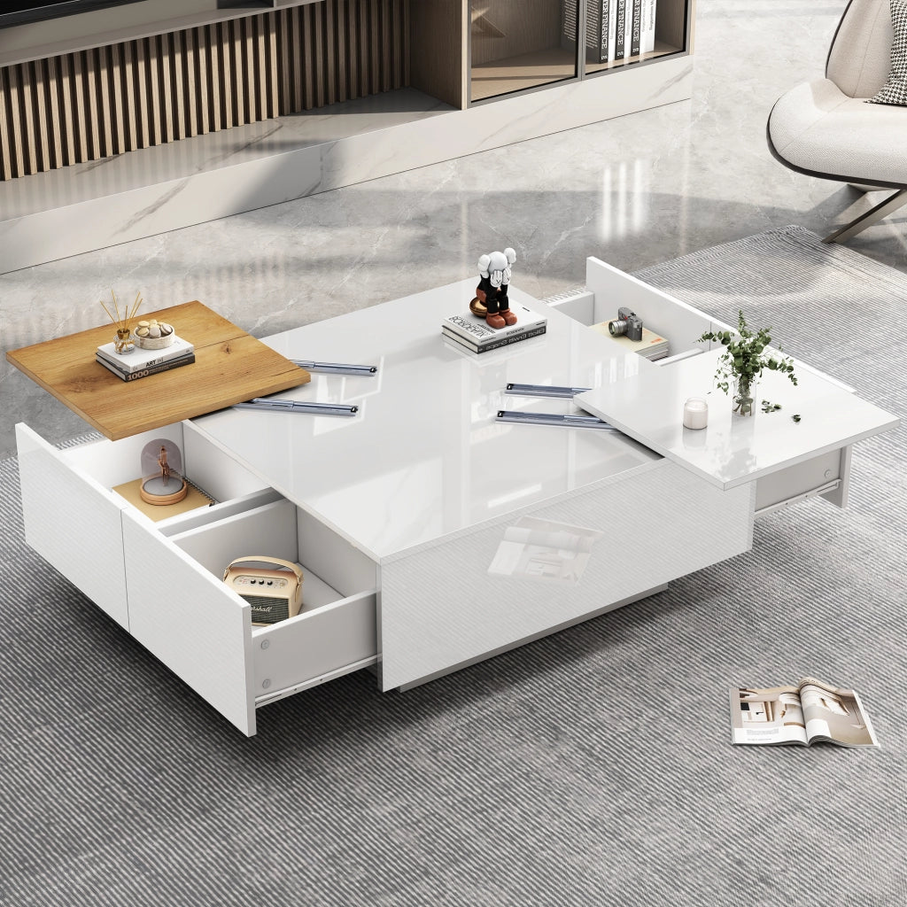 Tavolino basso quadrato con 4 cassetti, finitura lucida, per soggiorno, in truciolare bianco, 75 × 75 × 33,5 cm