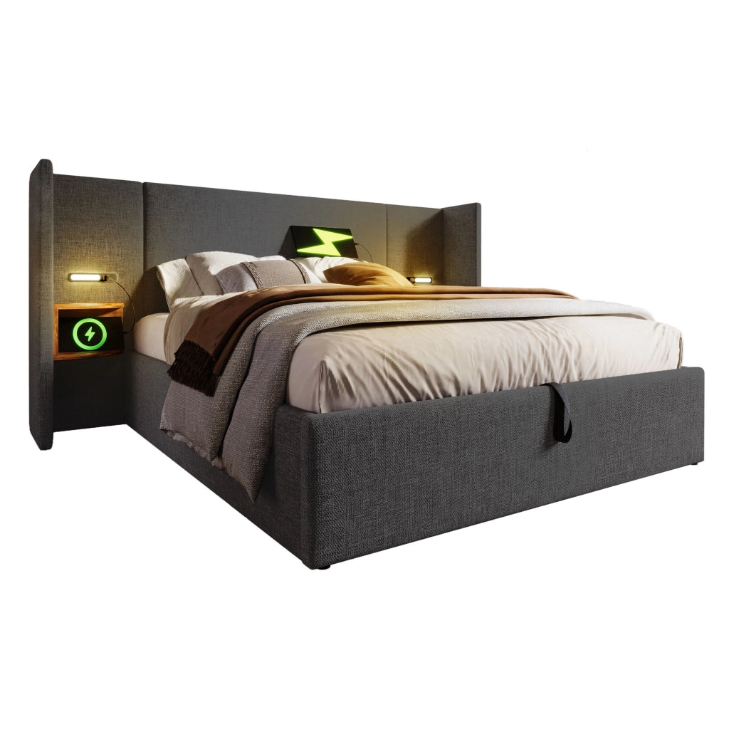 Letto matrimoniale 160x200cm con testiera multifunzione, LED, USB/Type-C e contenitore