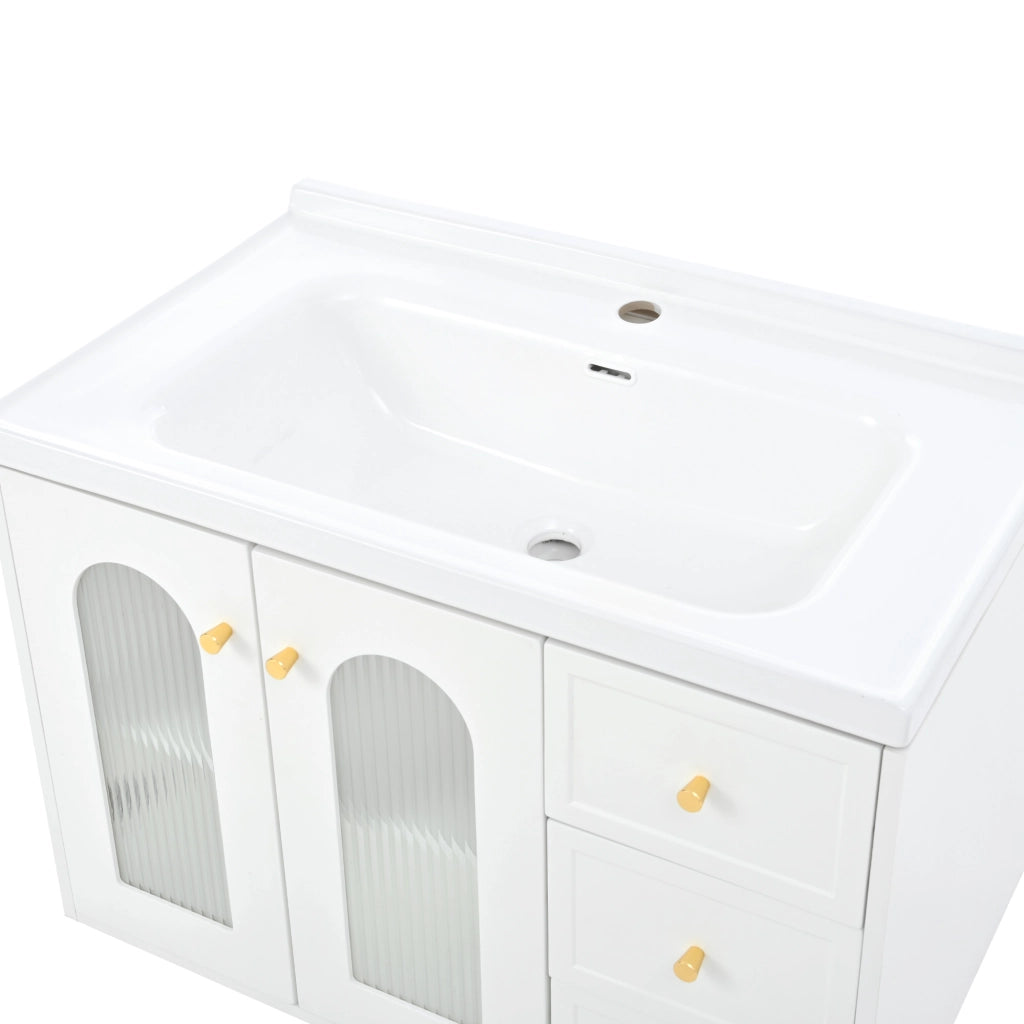 Mobile sottolavabo con lavabo in ceramica, 2 cassetti e anta in vetro, ripiani regolabili, per bagno, bianco
