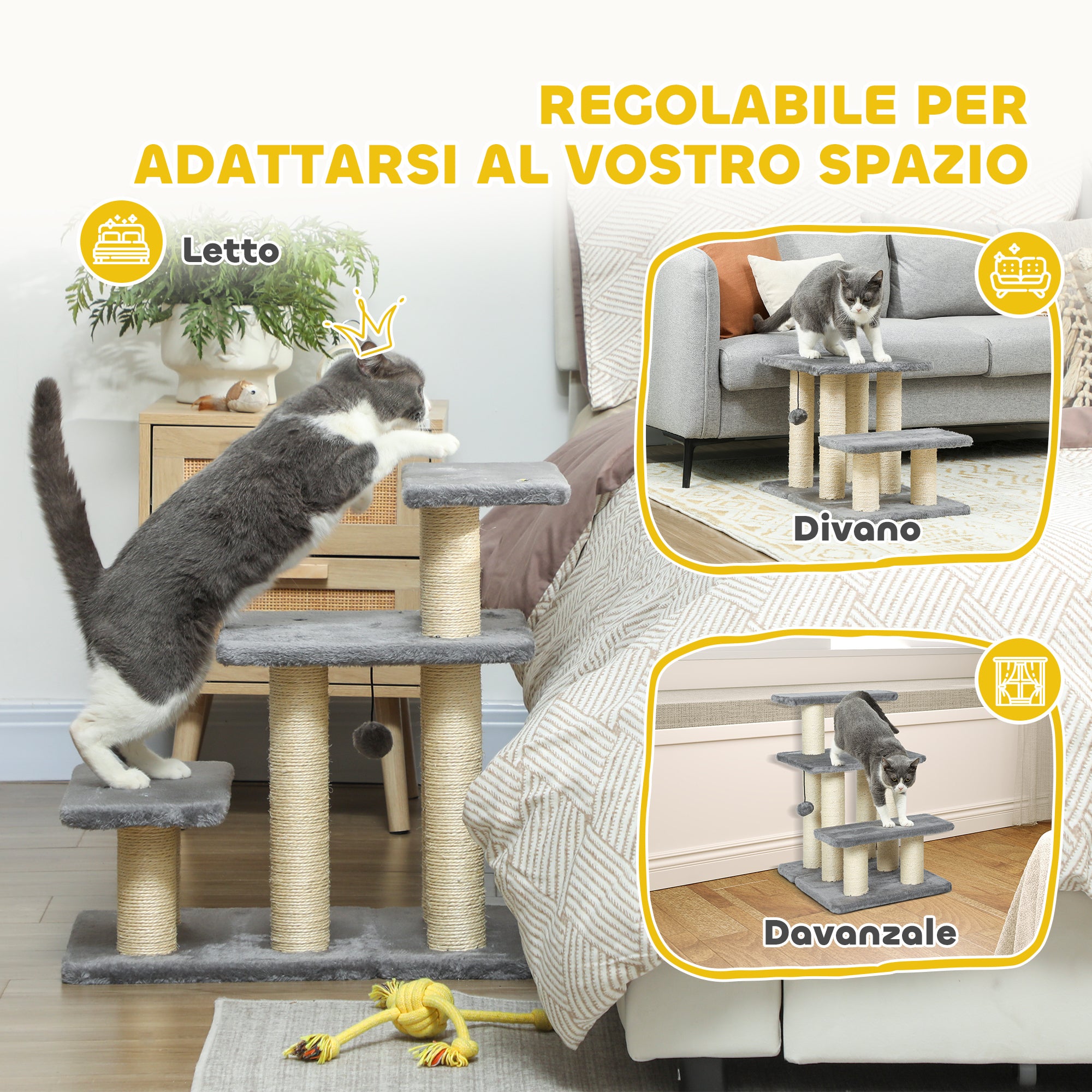 Scaletta per Cani e Gatti 3 Gradini in Peluche con Tiragraffi Sisal Grigio