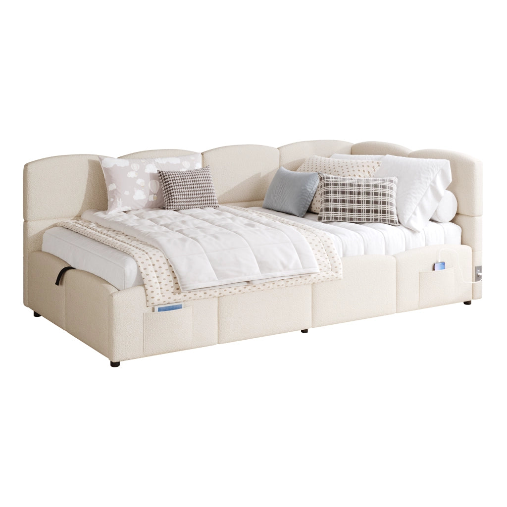 OKWISH Letto contenitore 90×200 cm, Letto Singolo con Porte USB A e USB C, Tasche Portaoggetti e Apertura Idraulica, senza Materasso, Velluto, Beige