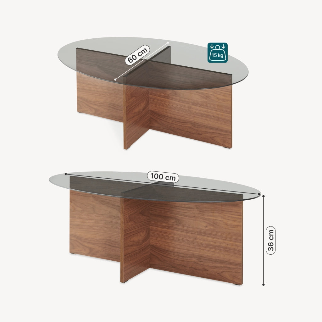 Tavolino da Caffè Viroya con Piano Ovale in Vetro Fumé 100 x 60 x 36 cm Effetto Noce/Grigio [en.casa]