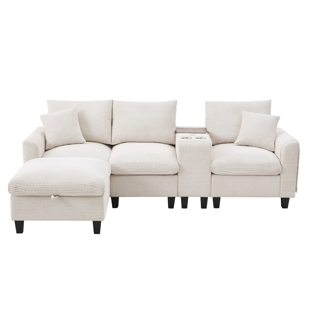 Divano angolare modulare 4 posti con console; 2 portabicchieri; 2 porte USB; pouf e cuscini in velluto a coste beige