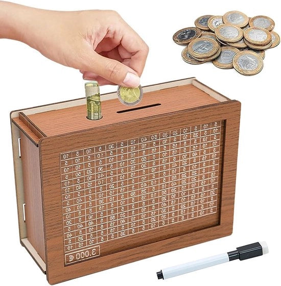 Cassa per la raccolta dei soldi in legno per adulti con penna, grande piatto, riscuotibile e reimpiegabile.