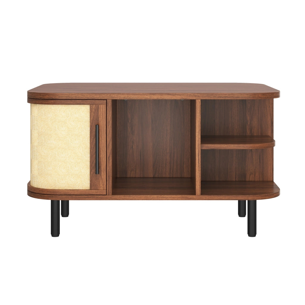 Tavolino, finitura intrecciata, in MDF, gambe in metallo, ripiani aperti, color noce