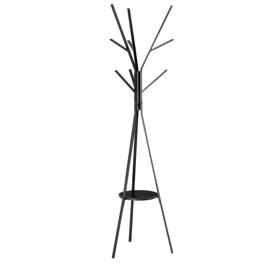 Appendiabiti da terra in metallo e MDF nero, 180 cm, con 3 barre, 8 ganci e piano d'appoggio