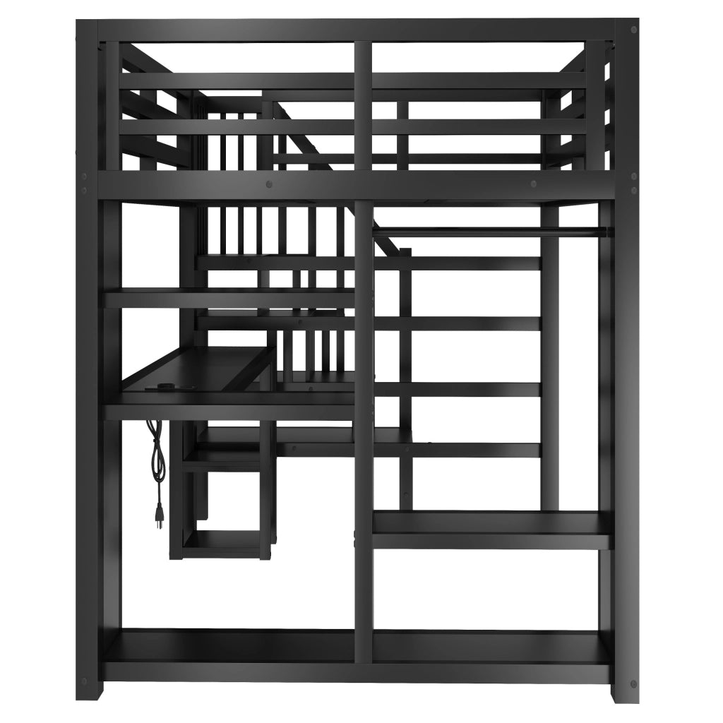 Letto a soppalco gaming 140x200 cm con scrivania; guardaroba aperto; scala contenitore; LED e USB; metallo nero