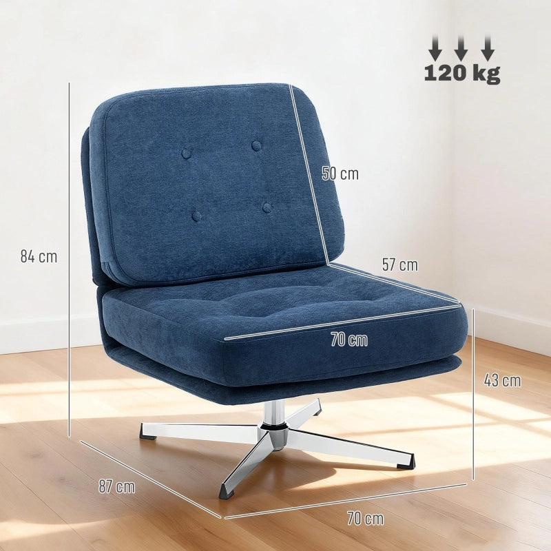 Poltrona girevole imbottita in chenille, seduta extra ampia, blu, base in metallo
