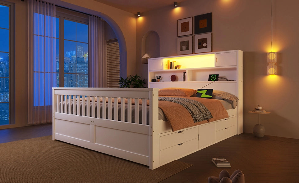 Letto con contenitore 160x200 cm con LED, 4 cassetti, scaffali e USB, bianco