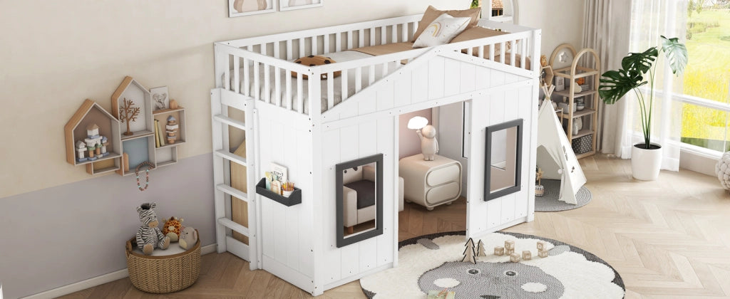 DESMIU Lit a castello bambino 90 × 200 cm con scala e finestre, senza materasso, in legno massiccio, bianco