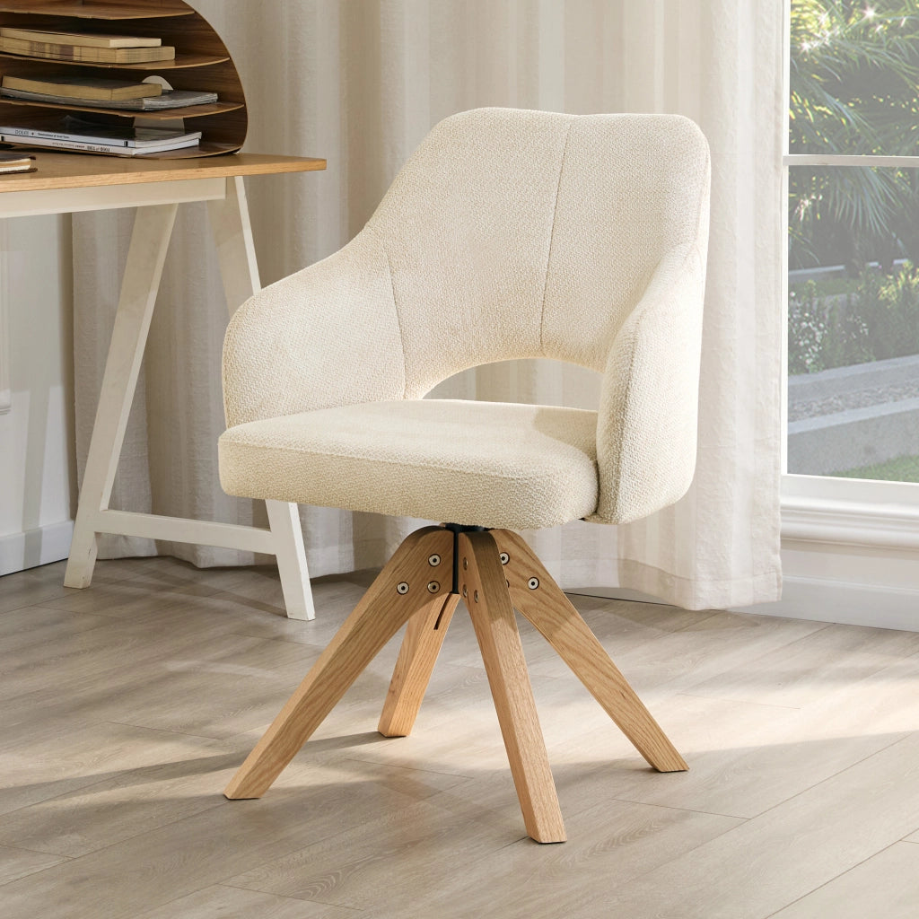 Set di 2 sedie girevoli da pranzo in tessuto strutturato beige-bianco con gambe in legno massello, rotazione 360° e portata fino a 120 kg