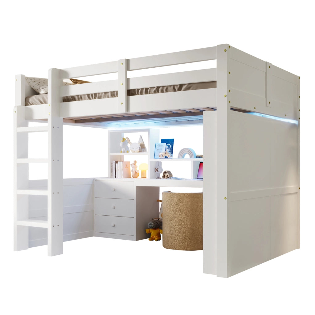 Letto a soppalco 140x200 cm bianco con LED, armadio e scrivania
