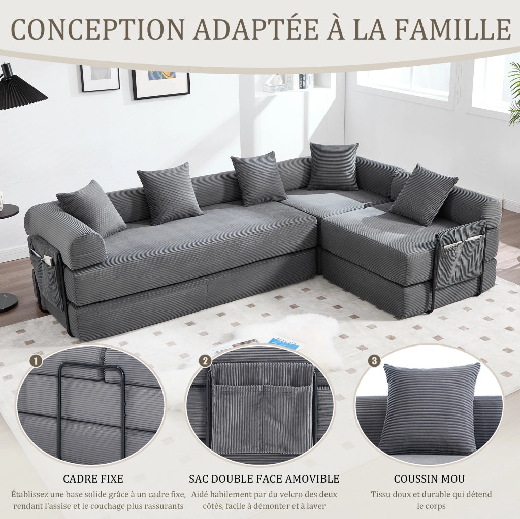 Divano modulare grigio scuro con contenitore, 270x180x64 cm, tessuto in cotone a coste
