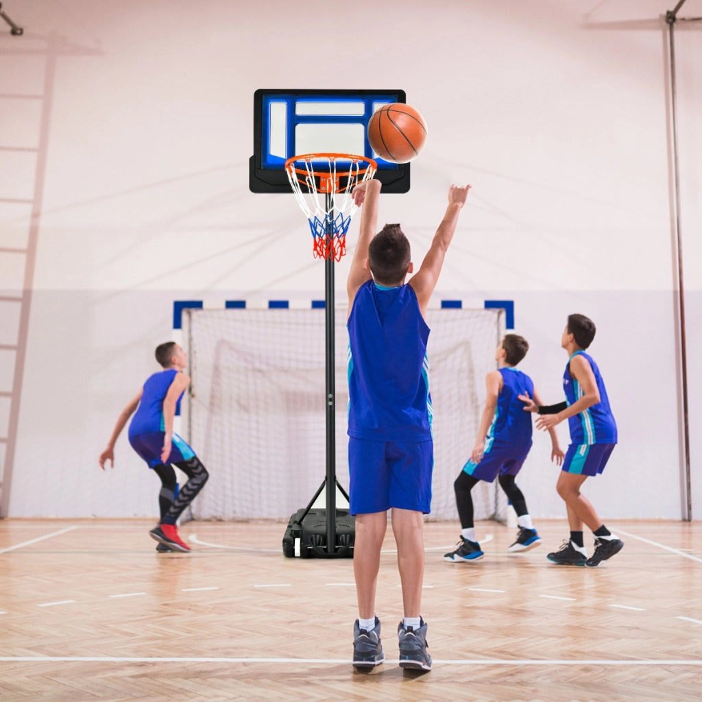 Canestro per bambini regolabile in altezza con incavo per pallone, Canestro basket portatile con ruote Blu