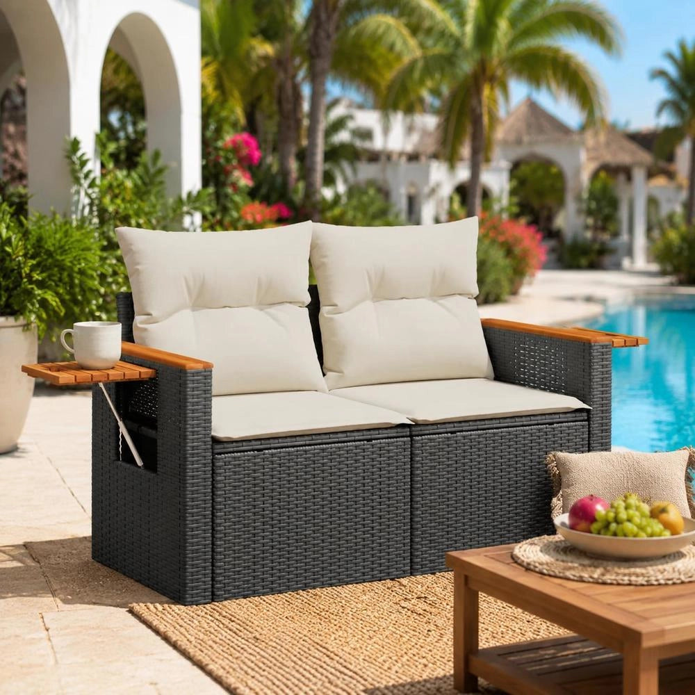 Garden Sofa With Cushions 2-seater Black Poly Rattan
