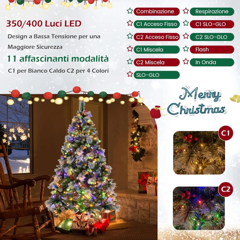 Albero di Natale Innevato 185/215 cm Pre-Illuminato e Incernierato, con 747/1116 Punte, 350/400 Luci LED, 55/70 Pigne, 55/70 Bacche Rosse e 11 Modalità di Illuminazione (185 cm)