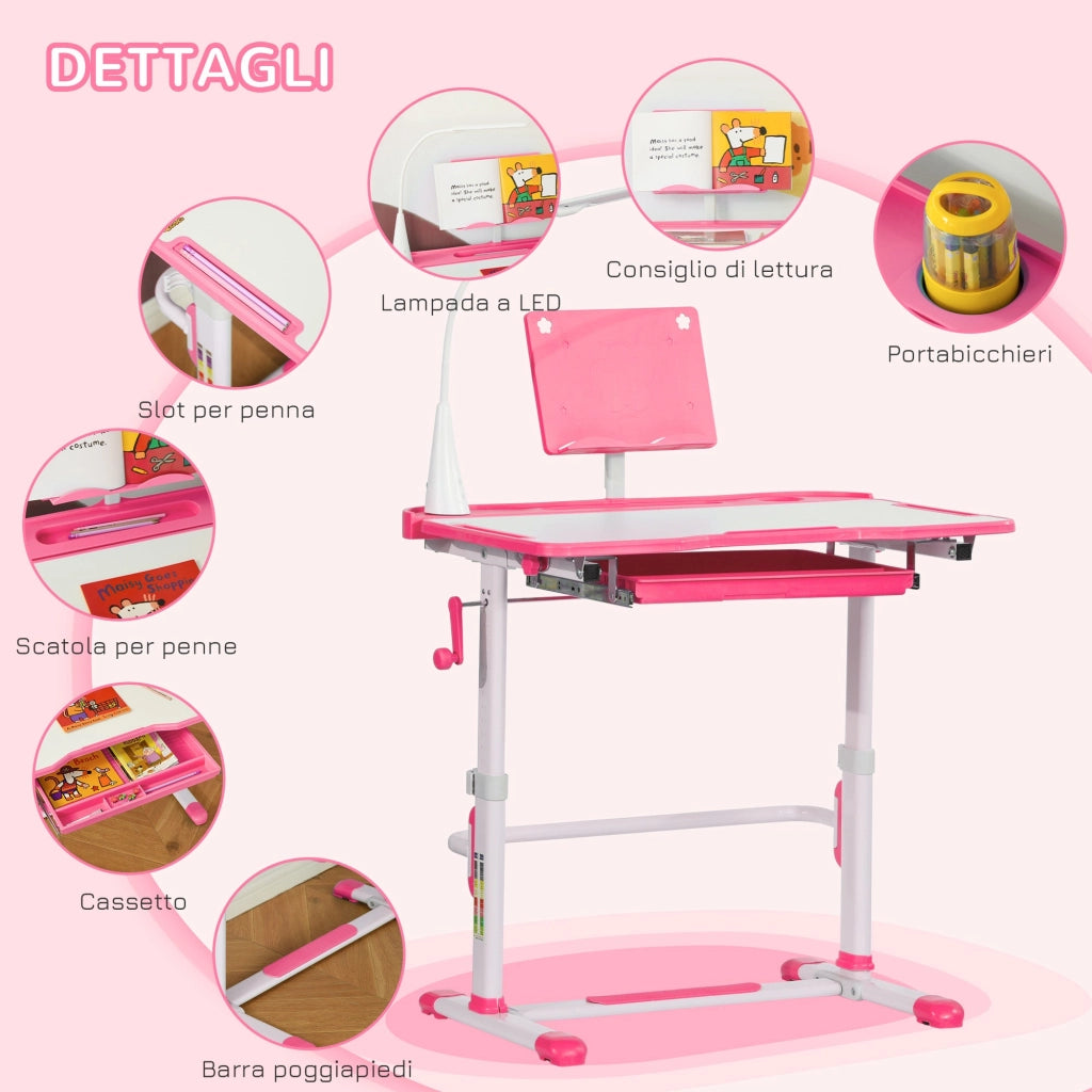 Banco Scuola per Bambini Piano Inclinabile con Luce e Sedia Regolabile Rosa