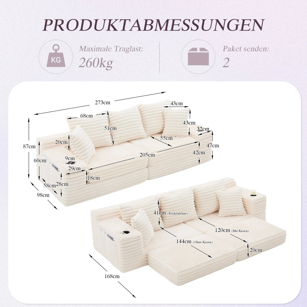 Divano modulabile in velluto a coste beige con tasche laterali e portabevande