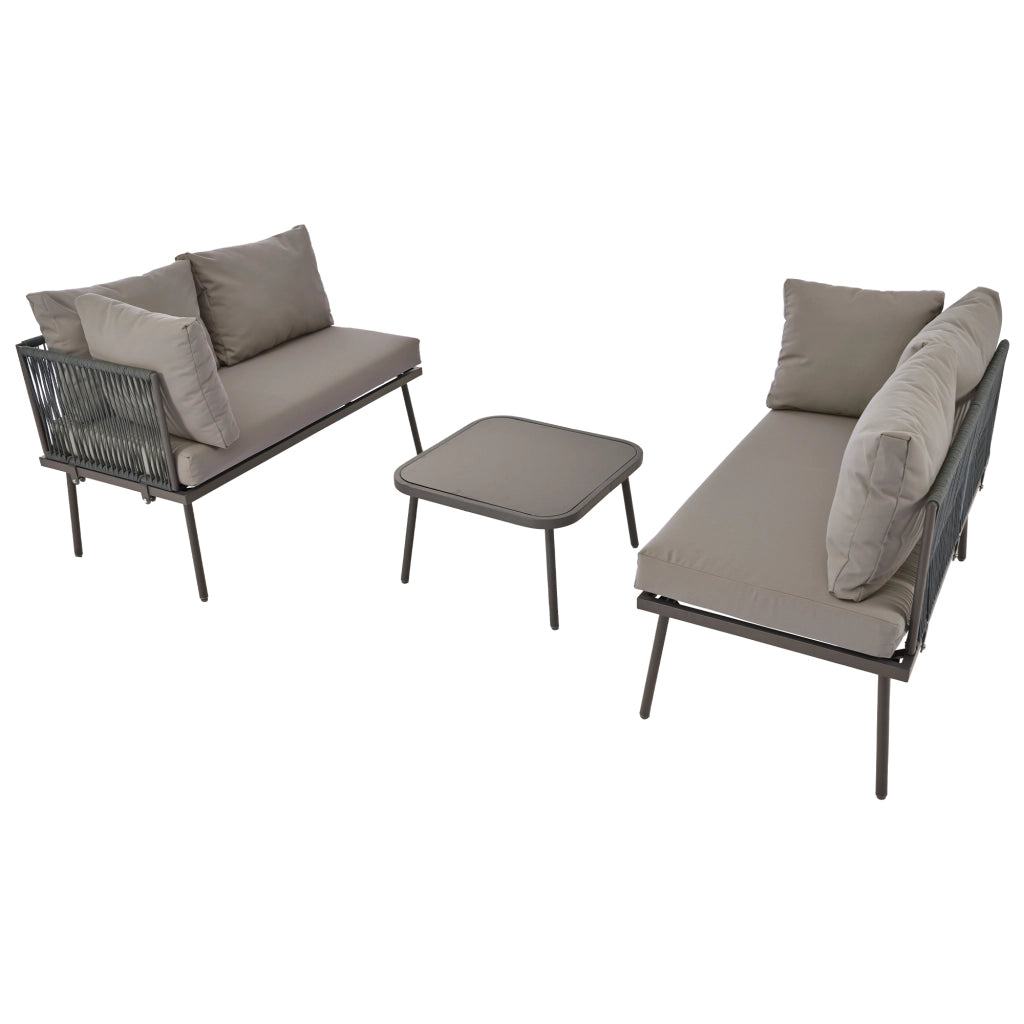 Set Lounge da Giardino Angolare ¨C MINIMAL ¨C Divano 2 Posti, Tavolo, Corda Grigia, Cuscini