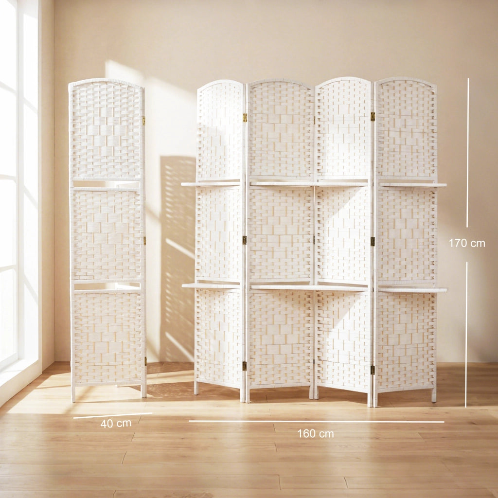 Paravento 4 Pannelli con 2 Ripiani ¨C zephmum ¨C Legno Bianco 160x170 cm