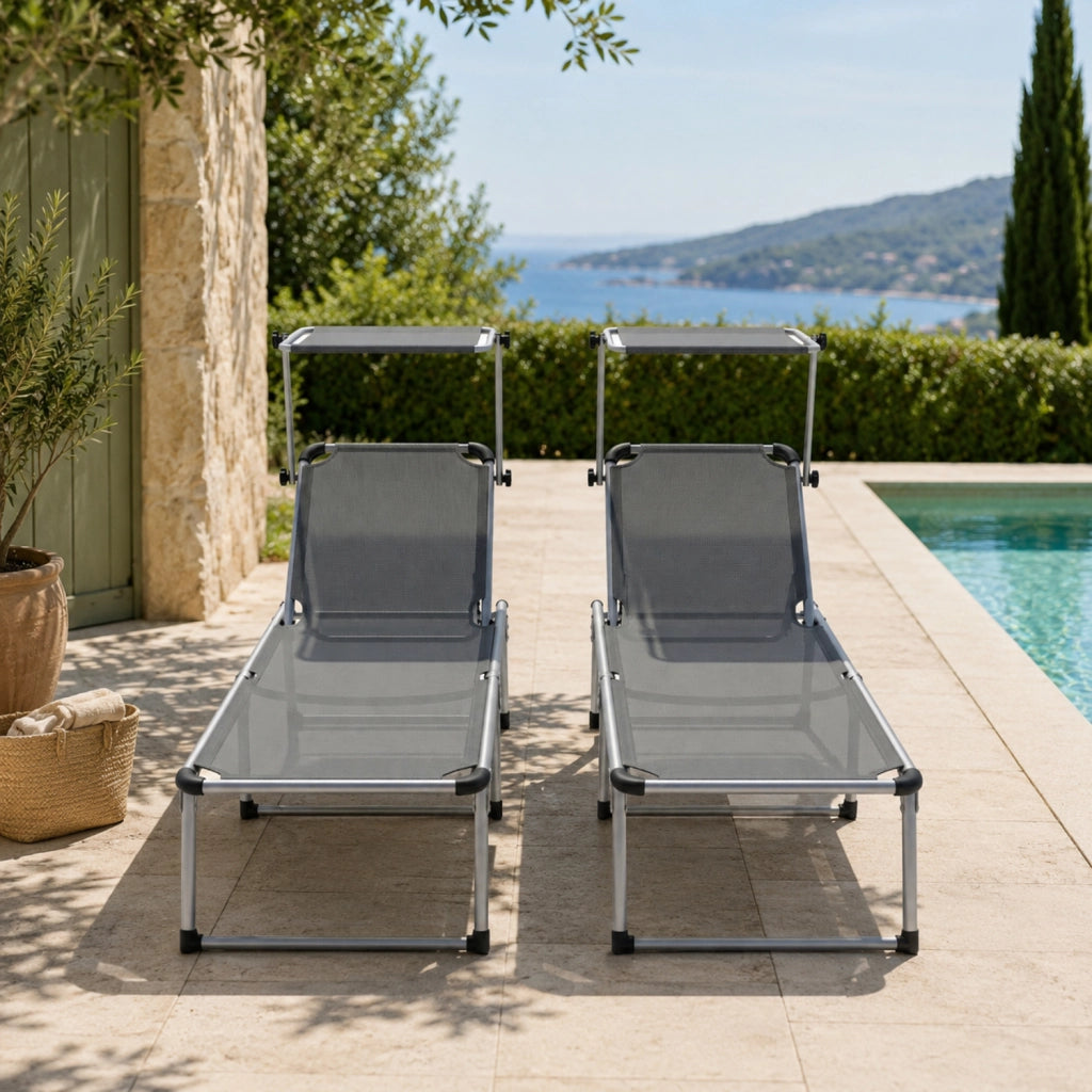 Set Lettini Prendisole Pieghevoli Tettuccio Parasole Schienale Regolabile Reclinabile 6 Posizioni Struttura In Alluminio Sedia Relax Spiaggia Mare Giardino Piscina 187 x 59 x 29 Cm Grigio Scuro
