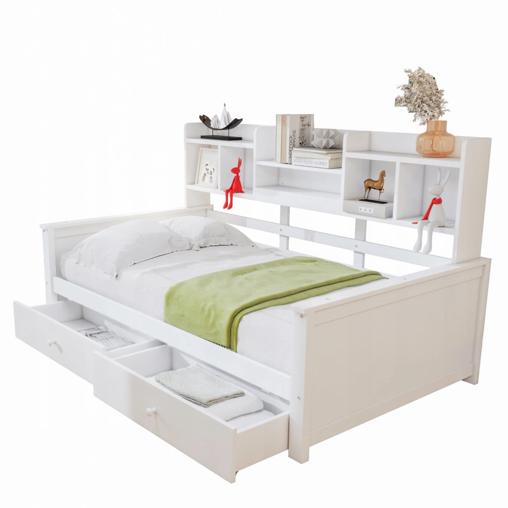Letto singolo 90x200 bianco con cassetti e scaffale - Xylo