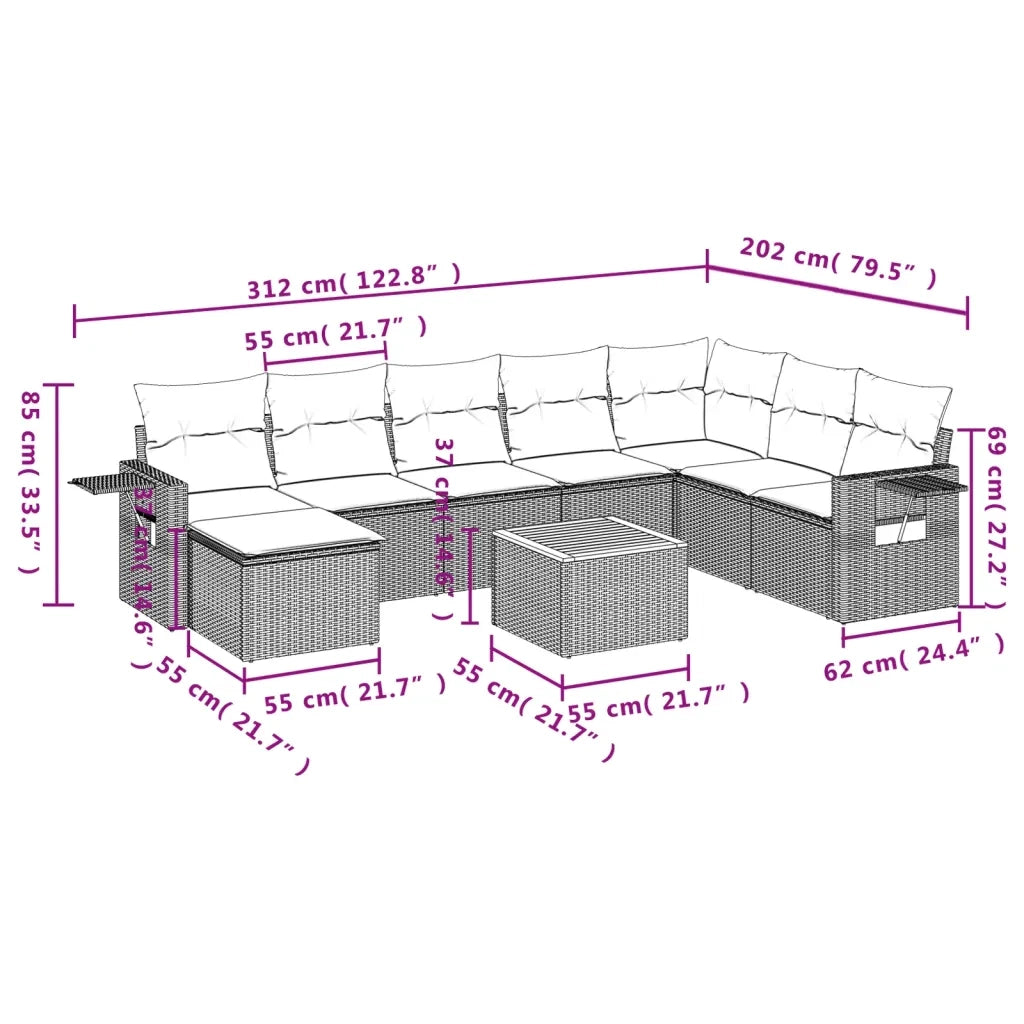 Set Divano da Giardino 9 pz con Cuscini Grigio in Polyrattan 3224702