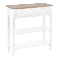 Tavolo Consolle Bianco e Color Legno con Cassetto e 2 Ripiani, Tavolino Salvaspazio in MDF, 75.6 x 27.5 x 80.5cm