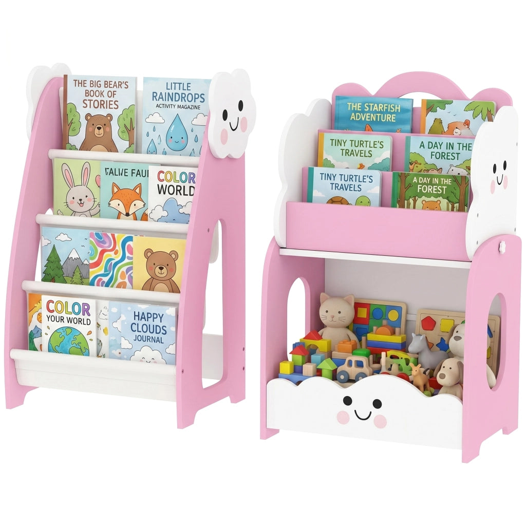 Libreria Modulare Bambini 3-in-1 con Scaffale ¨C Xylo ¨C Rosa con 4 Tasche e Comodino