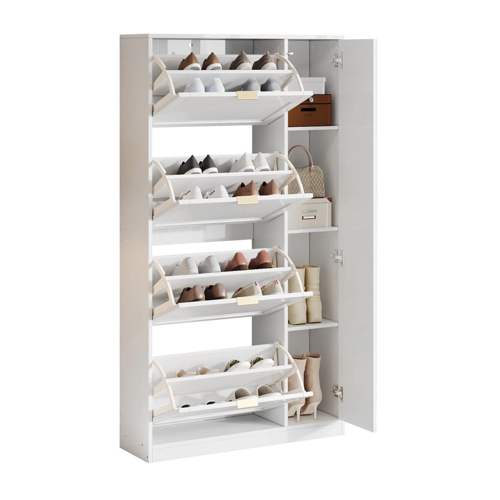 Scarpiera con specchio e 4 scomparti estraibili; 80x24x147 cm; bianco