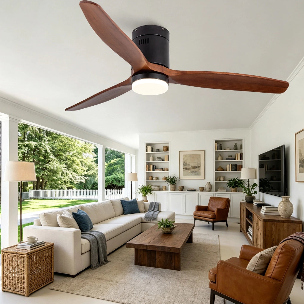 Ventilatore da soffitto 52 pollici a 3 pale con luce LED integrata; nero e noce scuro