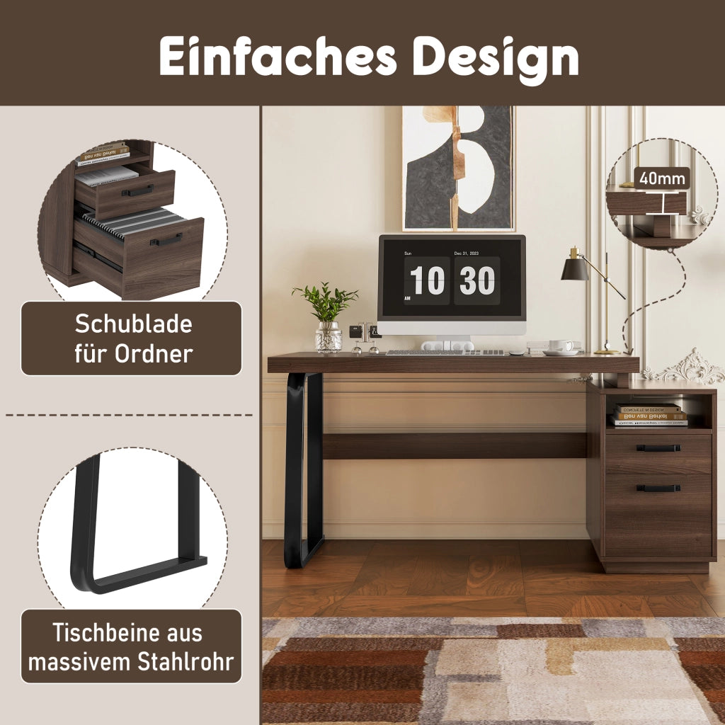 Scrivania lineare con vano aperto e cassetto silenzioso in MDF e metallo marrone 135 × 54 × 76,4 cm