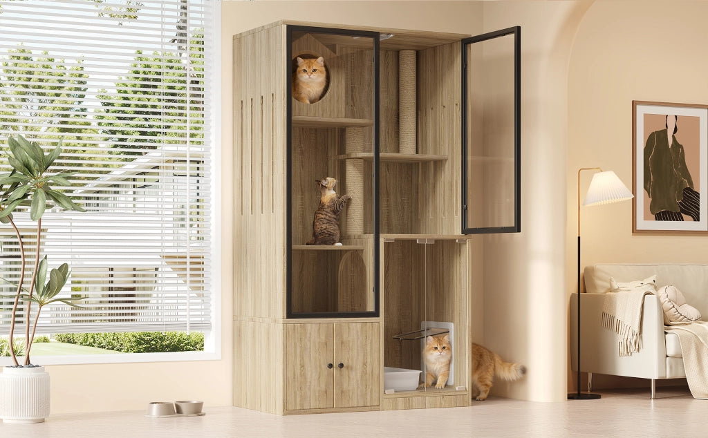 Mobile contenitore per gatti a più livelli con porta bloccabile e vetro, per interni, naturale, 90 × 50 × 160 cm