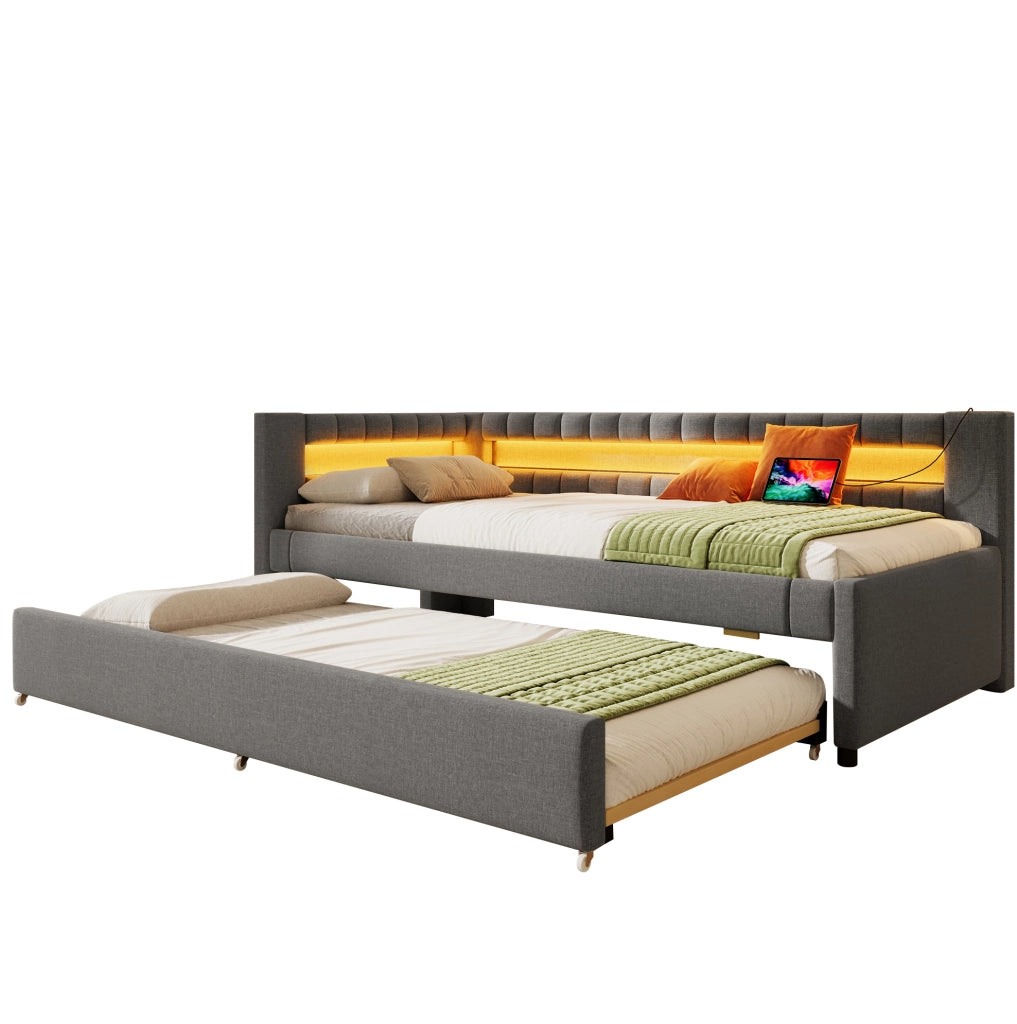 Letto 90x200 cm con letto estraibile; LED e USB Type-C in lino grigio