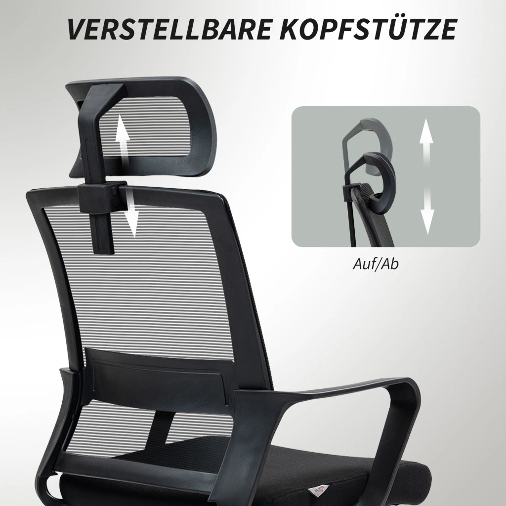 Sedia da ufficio ergonomica in mesh con poggiatesta regolabile, braccioli e funzione d'oscillazione nera