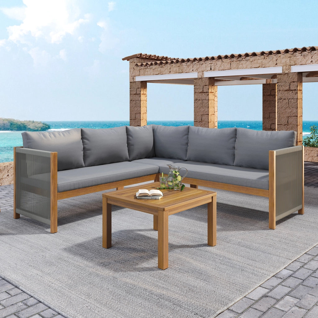 Set mobili giardino: Divanooo angolare + tavolino caff cat; acacia; corda intrecciata; grigio