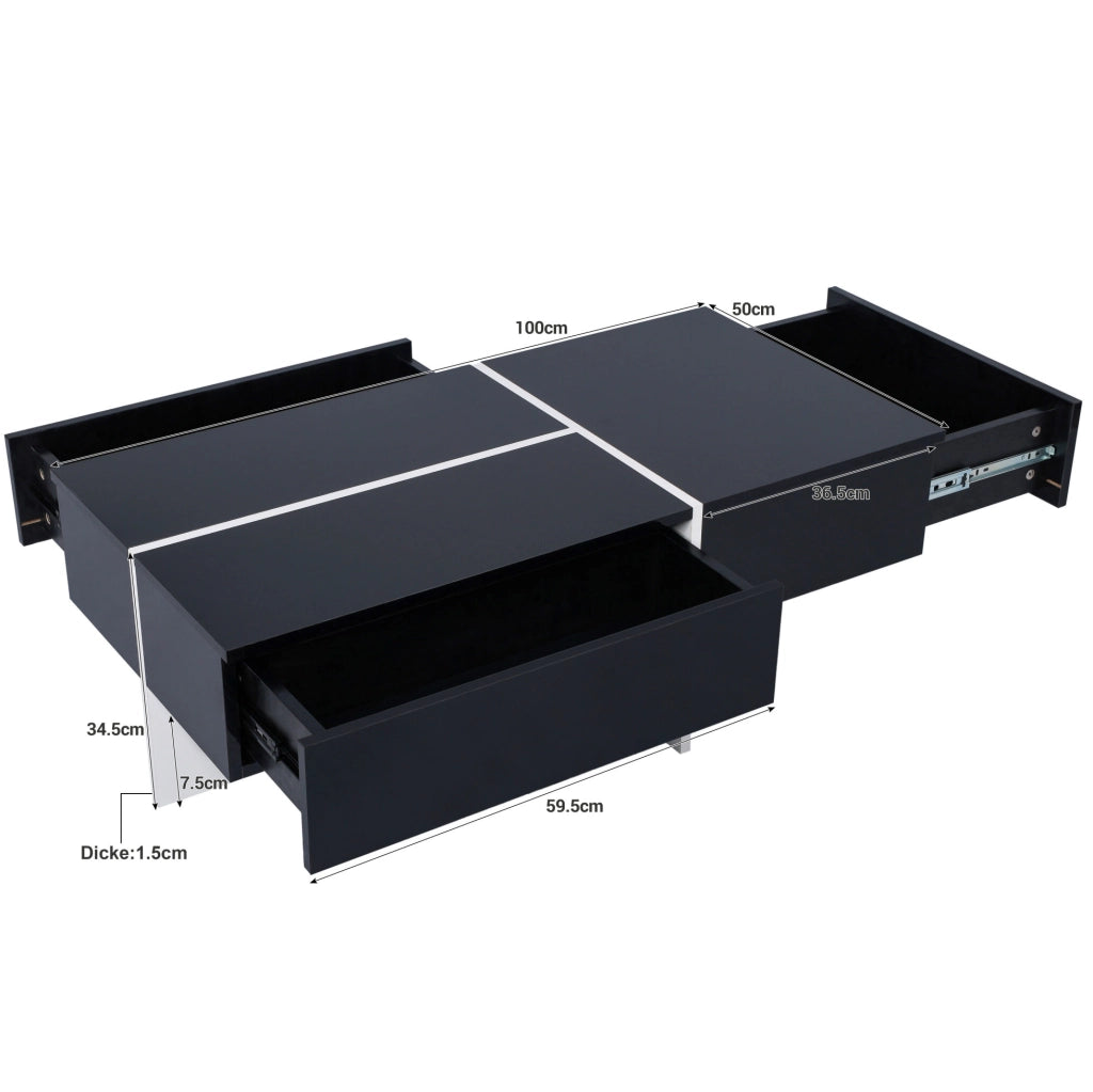 Tavolino da caffè lucido nero 100x50x34;5 cm con LED controllabile da app e 3 cassetti