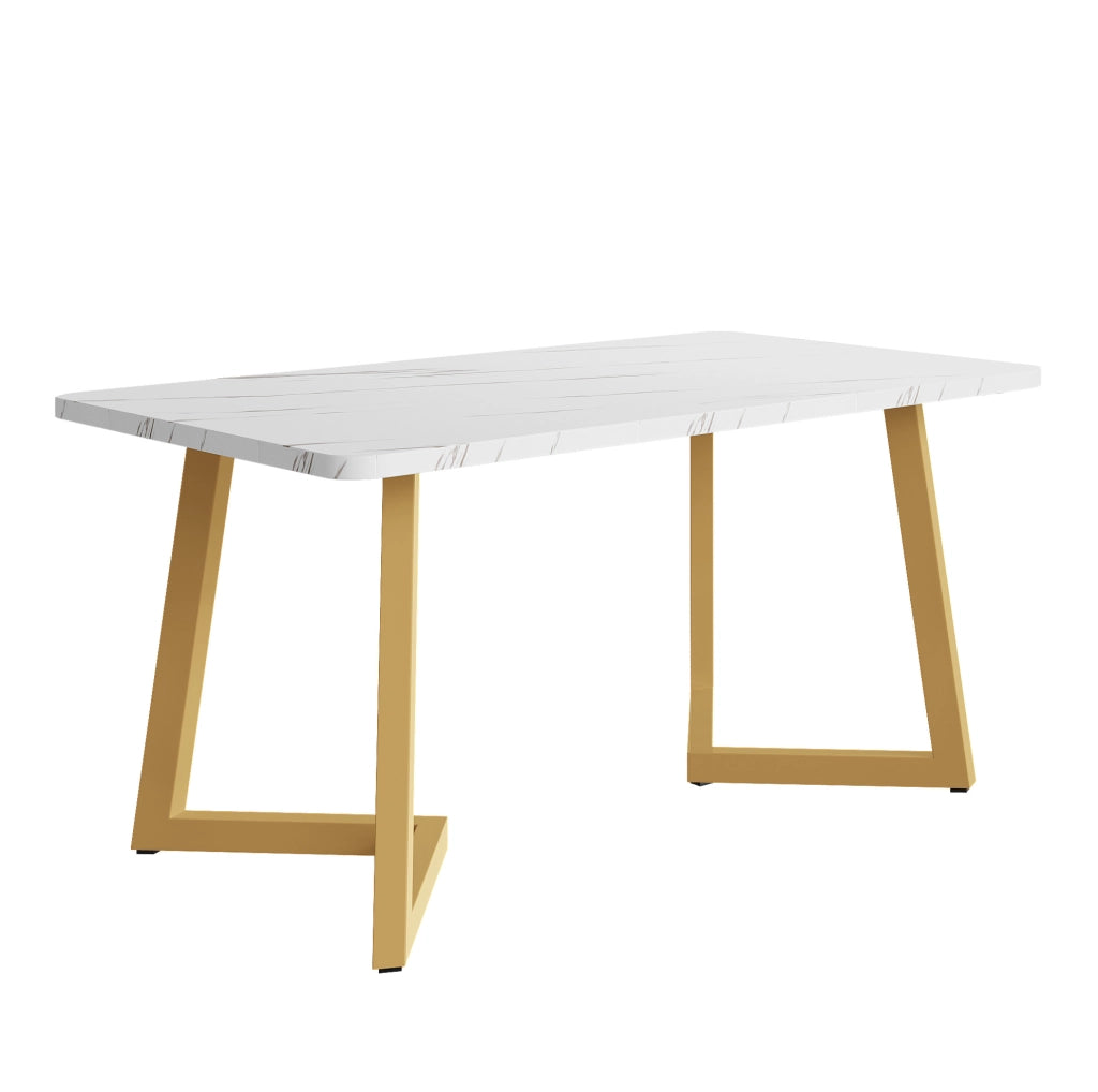Tavolo da pranzo rettangolare 117x68x75 cm in MDF effetto marmo; bianco e oro