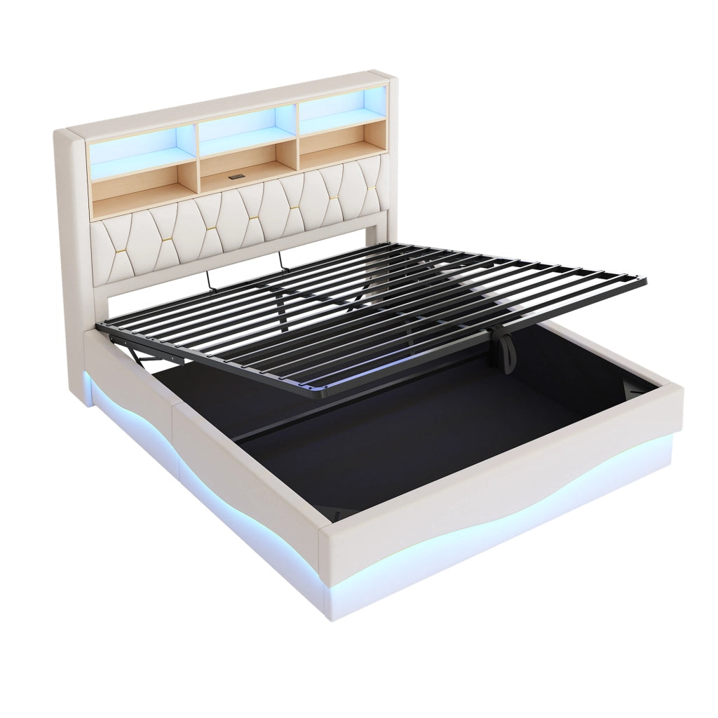 OKWISH Letto Contenitore 180×200 cm, Letto Matrimoniale con LED Controllabile, USB e Vano Contenitore, senza Materasso, in Metallo, Beige