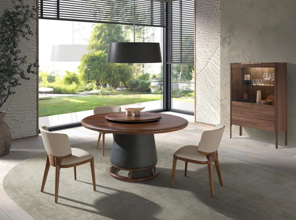 Credenza alta in noce con piano in vetro finto marmo e illuminazione interna