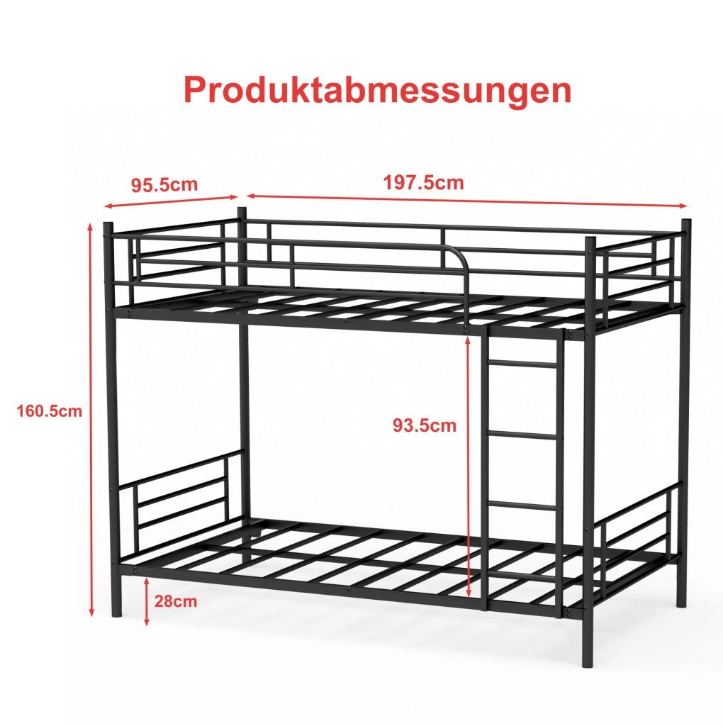 Letto a castello in acciaio nero 90 x 190 cm con scala e parapetto
