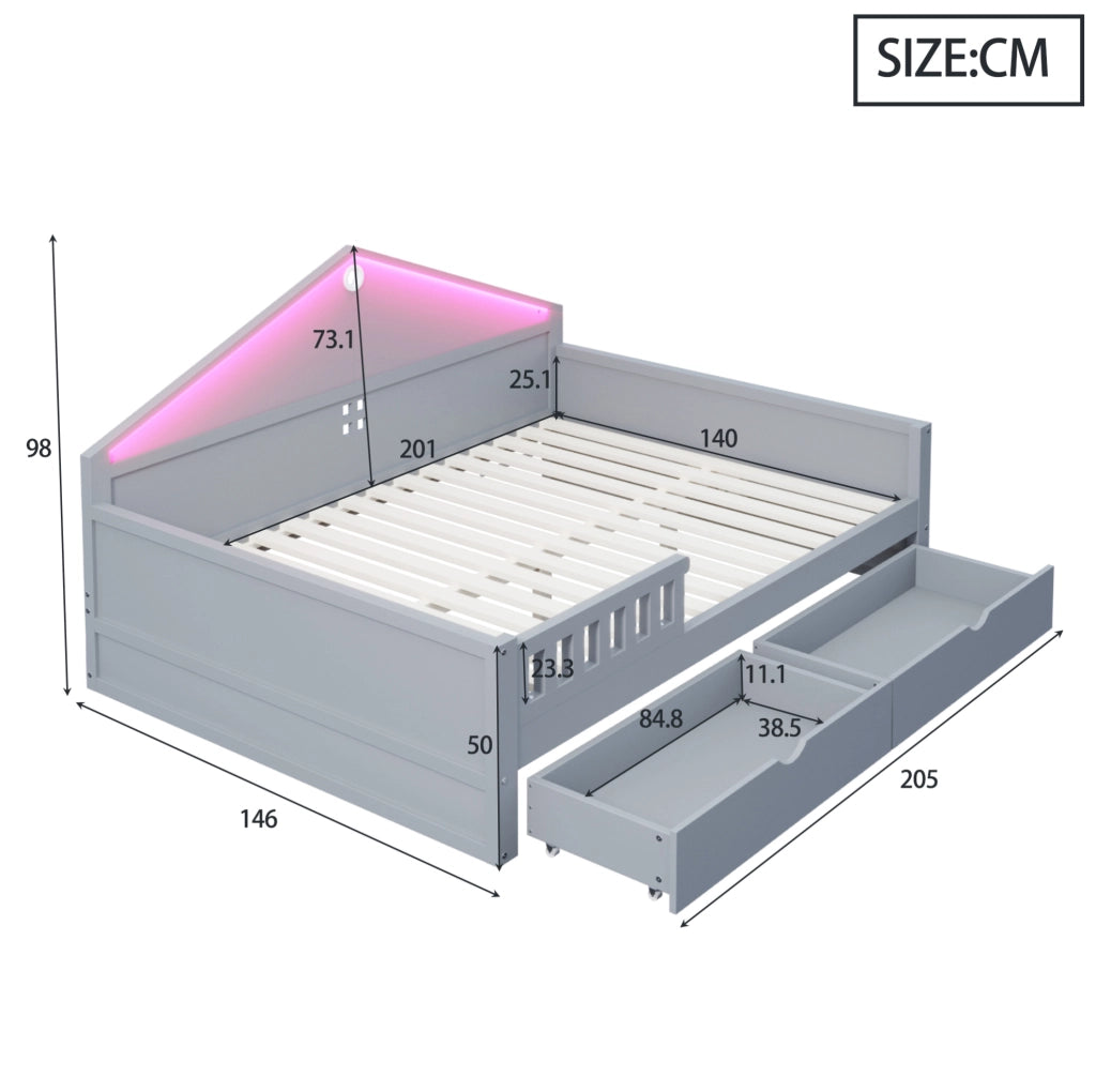 Letto 140x200 cm con LED e cassetti; grigio