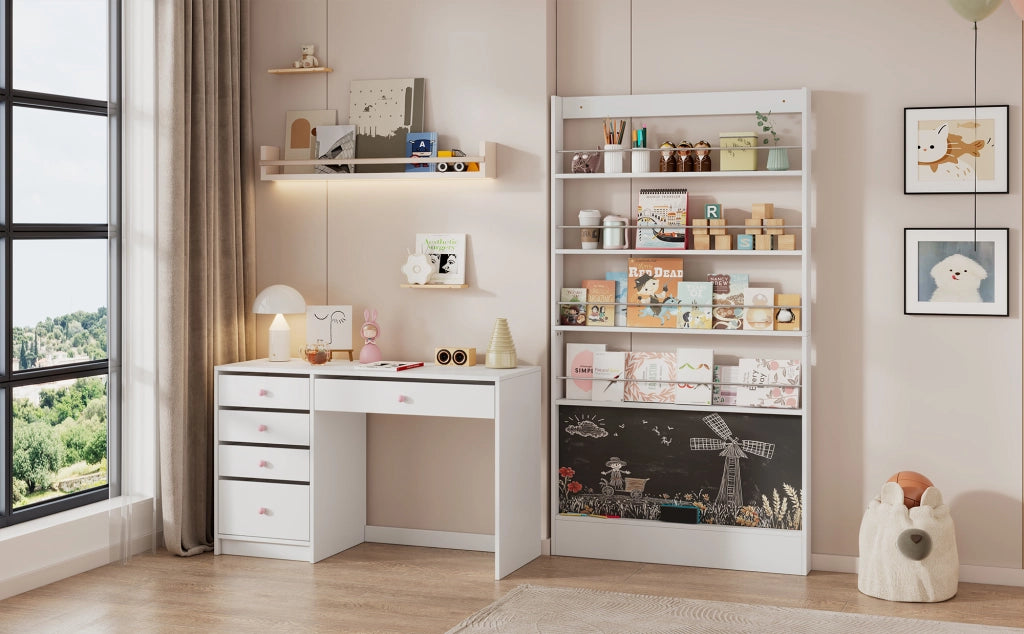 Libreria slim 100x10x180 cm con lavagna nera, 4 ripiani aperti, salvaspazio con fissaggio a parete, bianco