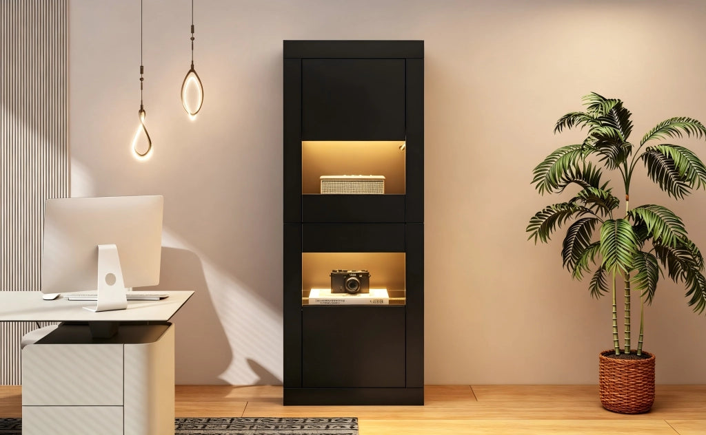Vetrina con 2 ante; 3 ripiani regolabili e illuminazione LED per soggiorno 61x42x162 cm